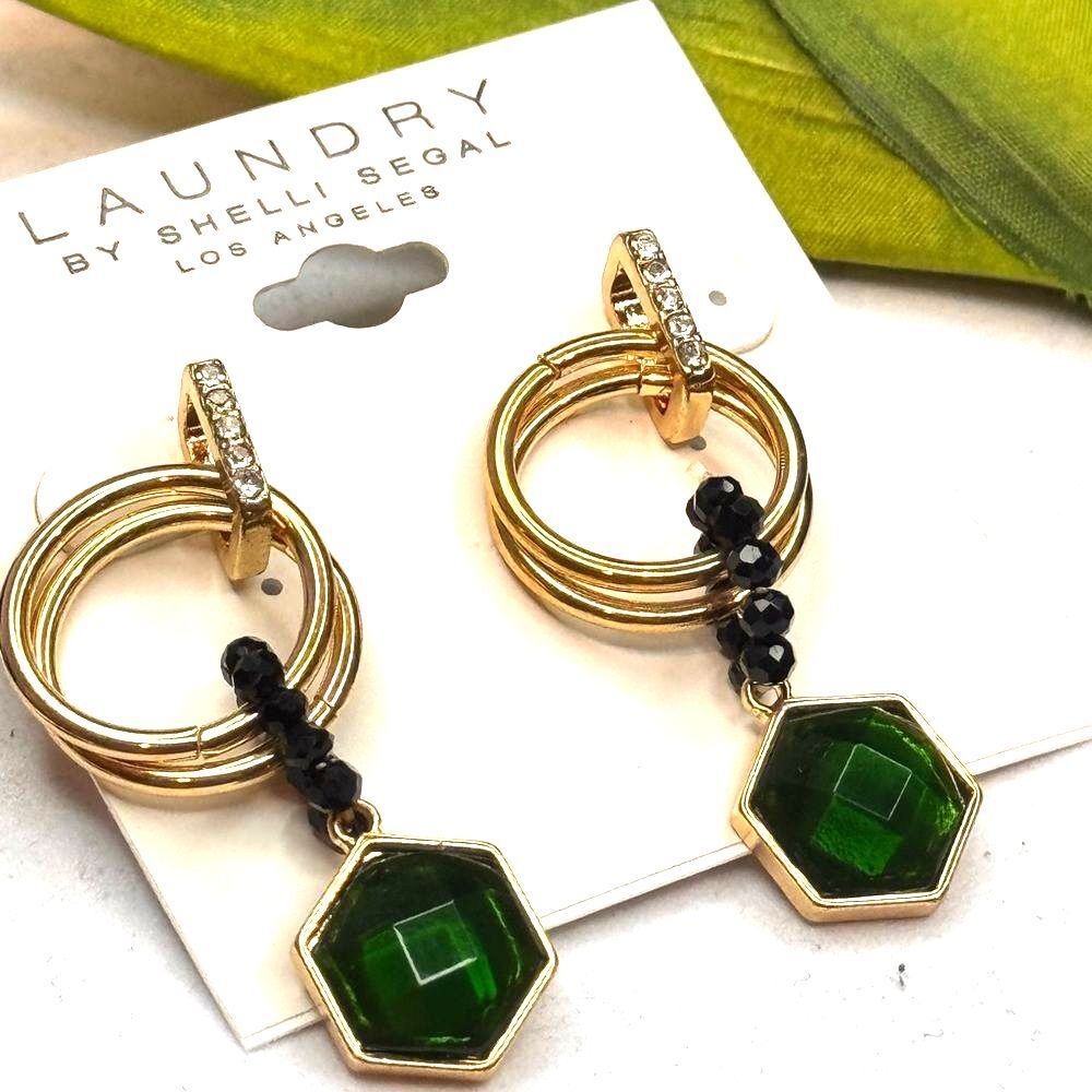 NWT Laundry by Shelli Segal Green Stone Crystal Drop Earrings 2"
